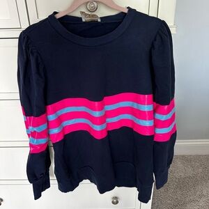 Sail to Sable Navy puff sleeve sweatshirt with pink/blue stripe - size L